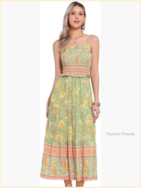 Dresses & Skirts - Boho Floral Smocked Tiered Maxi Dress Spaghetti Strap A-Line